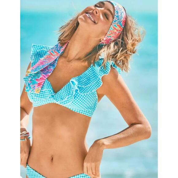Lilly Pulitzer Aelin Bikini Swim Top Turquoise Oasis Crinkle Gingham 6 - Picture 10 of 10